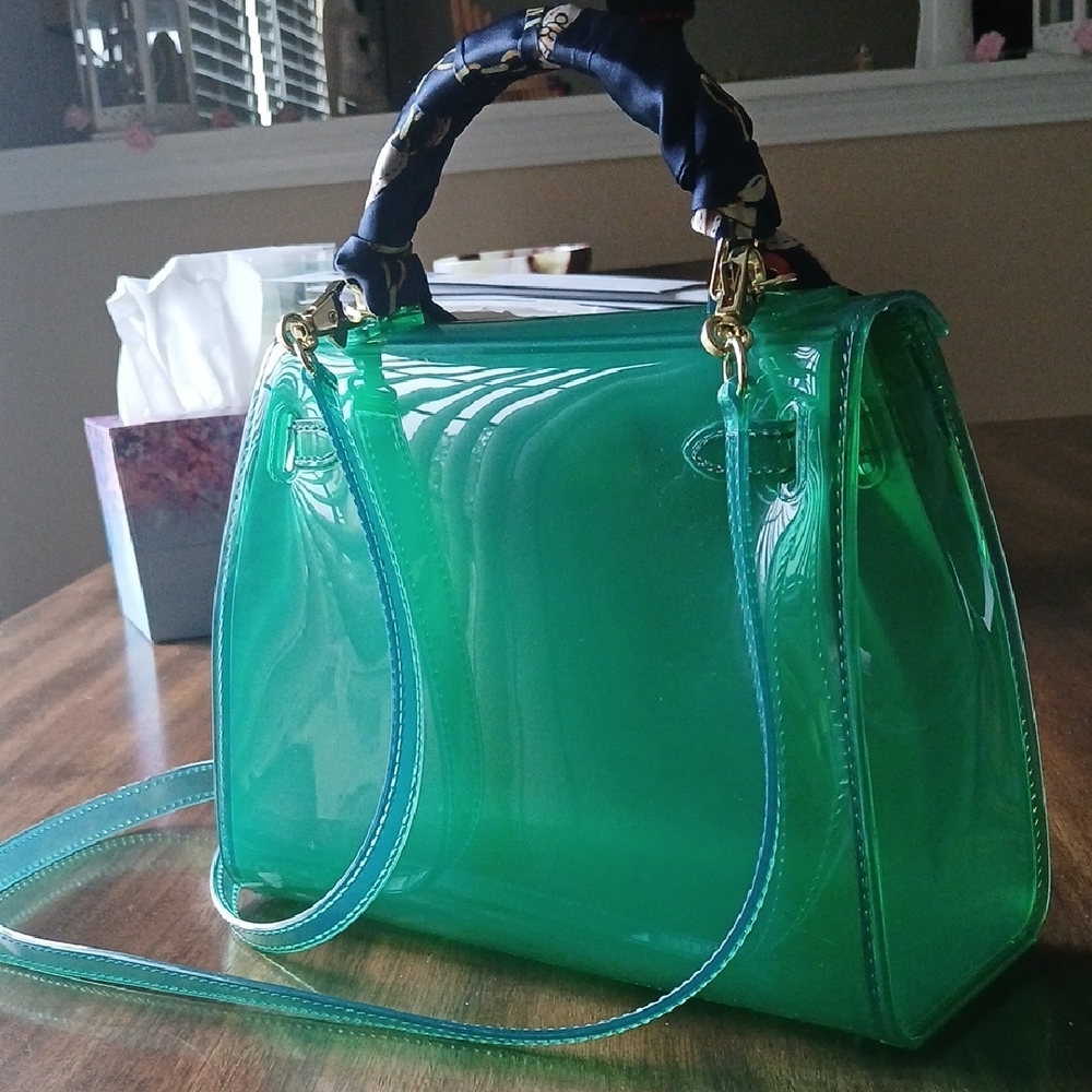 Designer Green Transparent Tote Bag with Scarf Handle - Picture 4 of 7